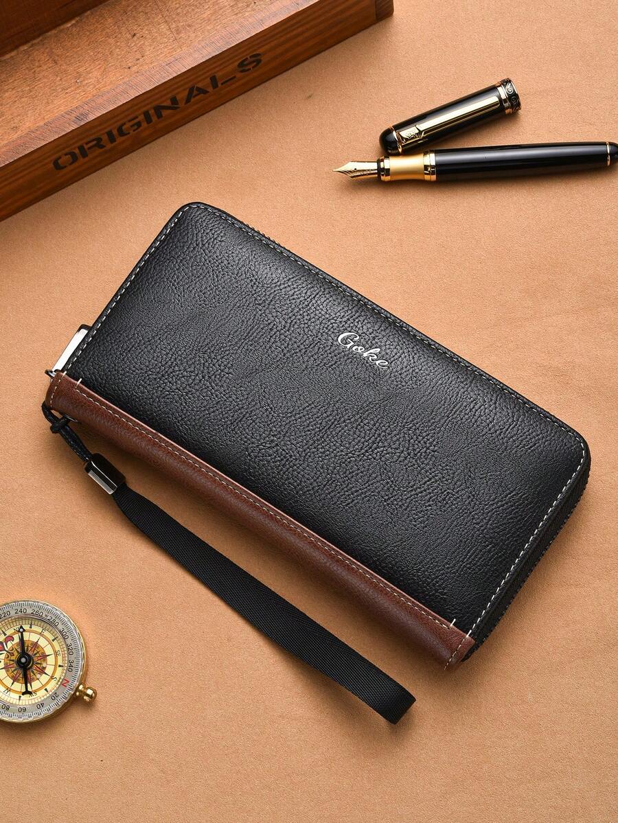 GOKE 1 Pieza Billetera Color Bloqueo Vintage De Material Pu Con Cierre De Cremallera Y Capacidad Grande Para Hombres, Estudiantes Y Uso Diario - Negro - Ver 1