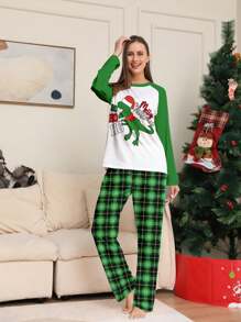 聖誕節恐龍印花長袖和褲子女士休閒二件套