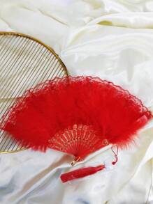 女性羽毛圖案和流蘇裝飾時尚手持扇適合派對