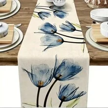 1 Miếng Hoa oải hương Lanh Khăn trải bàn , Nhà nông Quốc gia Phong cách Khăn trải bàn 13 X 70 Inch , Cho mùa hè Theo mùa Ngày kỷ niệm Và Kỳ nghỉ Bàn ăn nhà bếp Đồ trang trí , Thích hợp Đối với Trong nhà Ngoài trời Nhà  Buổi tiệc Trang trí , Xanh - Màu xanh lam - Xem 1