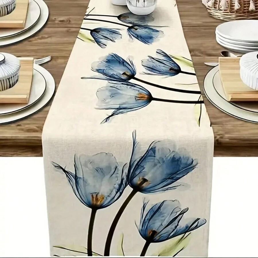 1 Miếng Hoa oải hương Lanh Khăn trải bàn , Nhà nông Quốc gia Phong cách Khăn trải bàn 13 X 70 Inch , Cho mùa hè Theo mùa Ngày kỷ niệm Và Kỳ nghỉ Bàn ăn nhà bếp Đồ trang trí , Thích hợp Đối với Trong nhà Ngoài trời Nhà  Buổi tiệc Trang trí , Xanh - Màu xanh lam - Xem 1