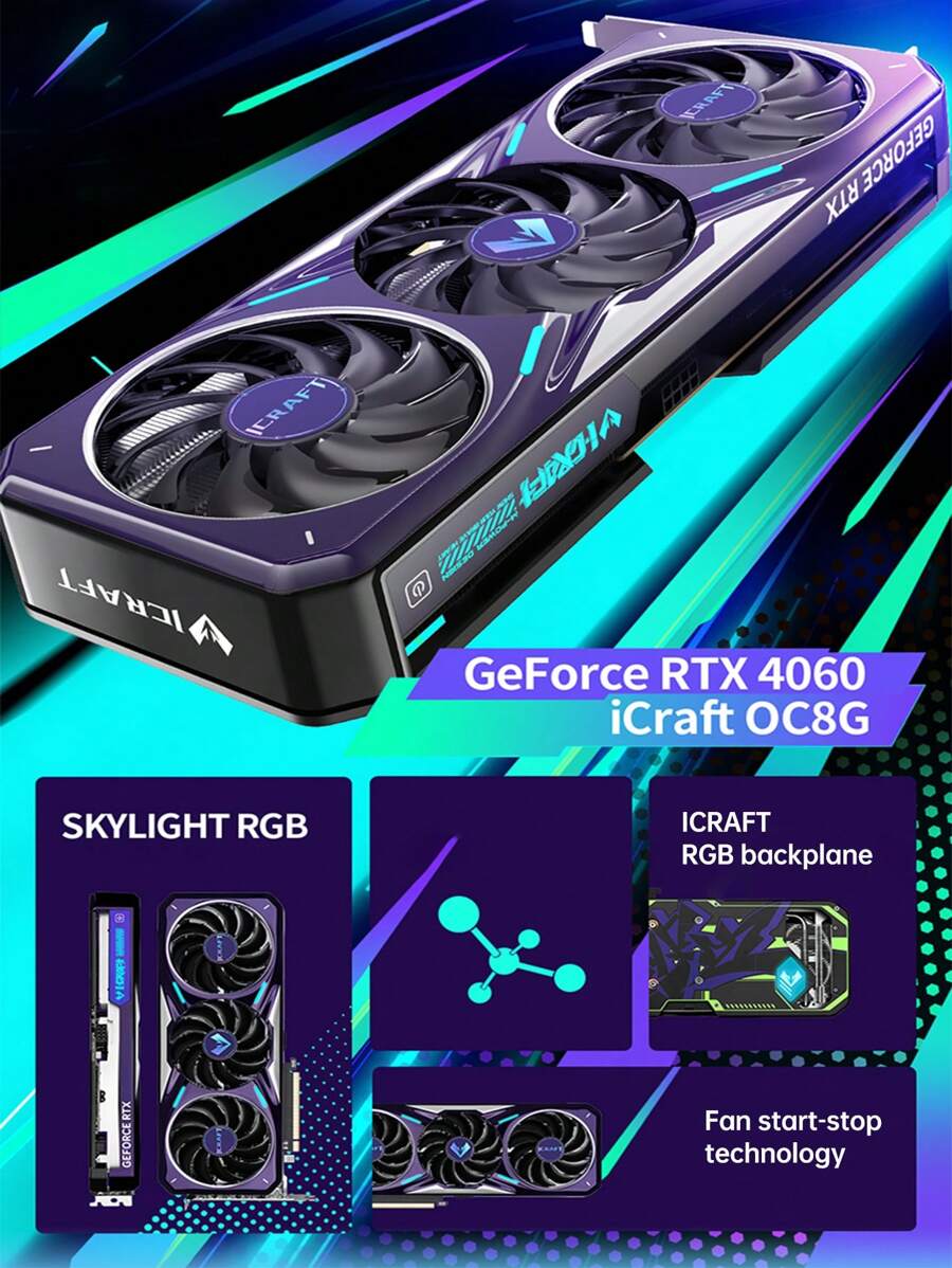 显卡 RTX 4060 ICraft OC8G GDDR6 GPU 128 位 PCI Express 4.0 X8 游戏视频卡台式电脑组件 - 紫色 - 查看 1