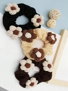 3pcs/set New Arrival Milk Coffee Color Flower Hair Accessories Bun Hair Tie For Hair Bun, Ponytail, And Braids In Fall And Winter - Multicolor - View 1