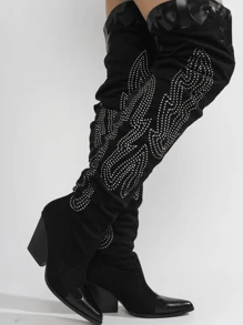 Icona Women's Embroidery Thigh-High Cowboy Boots - 黑色 - 查看 4
