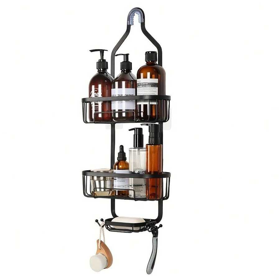 Bathroom Hanging Shower Organizer, Overhead Shower Caddy With Razor And Sponge Hooks, Rustproof, Black - Black - View 1