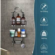 Bathroom Hanging Shower Organizer, Overhead Shower Caddy With Razor And Sponge Hooks, Rustproof, Black - Black - View 2