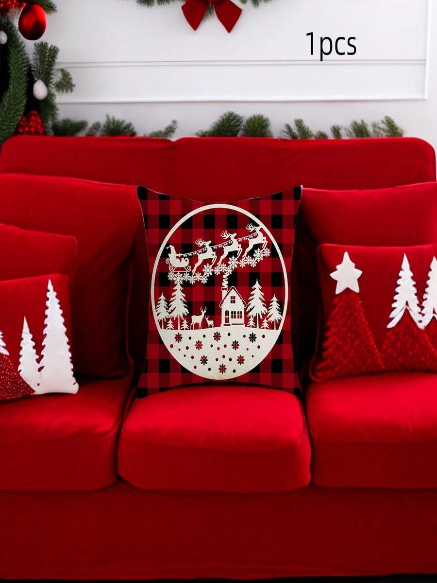 Party Anny Long 1pc Christmas Linen Square Pillowcase With Reindeer & Snowflake Print For Sofa Without Pillow Core - Multicolor - View 1