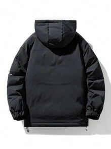 男士加厚帽兜連帽羽絨服，運動風格衣物 - 黑色 - 查看 3