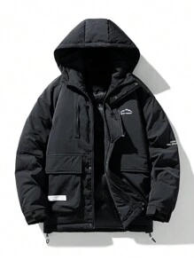 男士加厚帽兜連帽羽絨服，運動風格衣物 - 黑色 - 查看 1