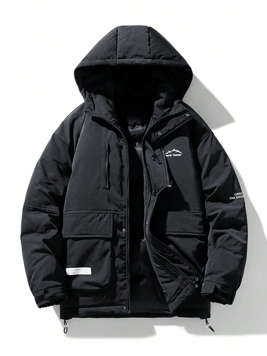 男士加厚帽兜連帽羽絨服，運動風格衣物 - 黑色 - 查看 1