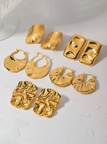 對時尚錘紋紋理幾何 18K 鍍金不銹鋼圈形耳環女式派對舞會佩戴粗耳環 - 金黃色 - 查看 5