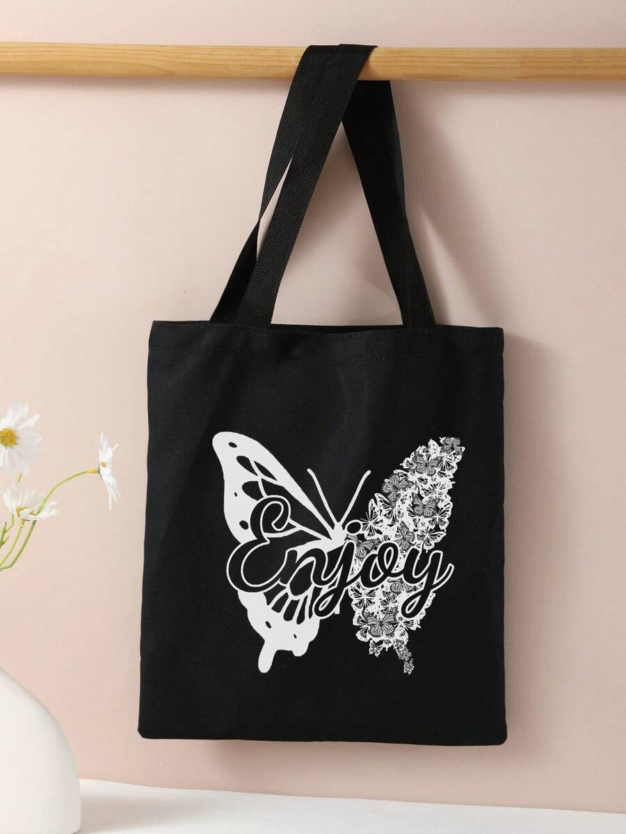 蝴蝶圖案雙面印刷單肩手提包、印花手提包、休閒旅遊沙灘包,大容量可重複使用的肩扛購物袋,女性休閒單肩包,手提包,大容量帆布沙灘包,手提包,購物袋,印花女士雜物肩背包 - 彩色 - 查看 1