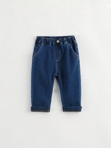 男女通用时尚保暖内衬萝卜裤牛仔裤，冬季保暖（洗涤标签在左口袋内） - 深色水洗藍 - 查看 5