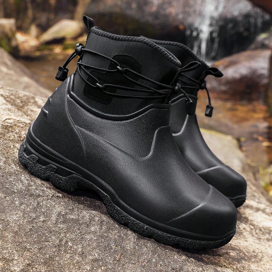 男士短款保暖雨靴，带保暖内衬，防滑低帮防水鞋，适用于厨房、户外、洗车 - 黑色 - 查看 1