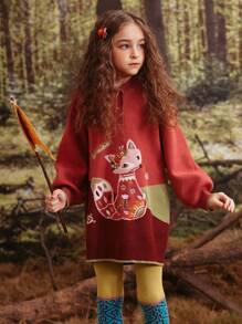 雙十代女孩可愛的狐狸花卉刺繡連帽毛衣連衣裙,配有袖口蓬蓬袖（不含髮夾）