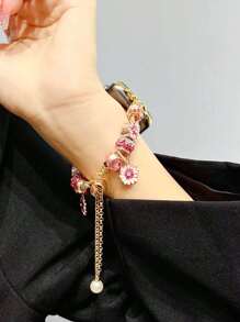 1入組簡約粉色可愛花卉金屬手錶帶，搭配彈性皮帶，適用於 Apple Watch帶 45mm 49mm 38mm 40mm 41mm 42mm 44mm，適用於 Apple Watch系列 Ultra/Se/1/2/3/4/5/6/7 - 金色 - 查看 9