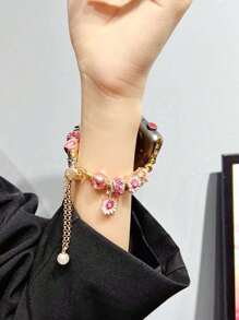 1入組簡約粉色可愛花卉金屬手錶帶，搭配彈性皮帶，適用於 Apple Watch帶 45mm 49mm 38mm 40mm 41mm 42mm 44mm，適用於 Apple Watch系列 Ultra/Se/1/2/3/4/5/6/7 - 金色 - 查看 7