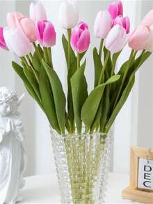 3入組白色人造花,觸感滋潤粉紅色鬱金香高級絲花,適用於客廳裝飾,可濕擦或乾擦 - 白色 - 查看 10