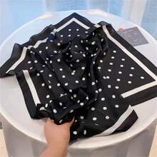 女士70cm正方形圓點印花絲巾,緞面手帕頸巾,專業配件 - 黑色 - 查看 2