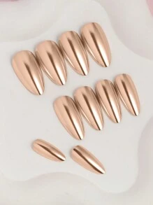 VV MEI JIA ER 24入組酷炫美甲大小杏仁形壓片假指甲，香檳金蟲紋假甲，金屬亞克力全套假指甲，專業指甲貼尖頭成人女士假指甲，含1片膠帶和1個甲片修整器指甲用品 - 金色 - 查看 5