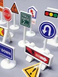 Stomle Family 18pcs Traffic Sign Diy Traffic Light Sign Road Sign Roadblock Toy Vehicle Sign Scene Simulation Traffic Sign Simulation Road Scene Suitable For Road Safety Education - Black - View 3