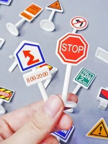 Stomle Family 18pcs Traffic Sign Diy Traffic Light Sign Road Sign Roadblock Toy Vehicle Sign Scene Simulation Traffic Sign Simulation Road Scene Suitable For Road Safety Education - Black - View 5