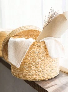 1pc Woven Round Basket For Home Storage Organizing - Gift Idea For Mother And Teacher With Packaging Box - Yellow - View 5