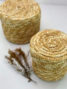 1pc Woven Round Basket For Home Storage Organizing - Gift Idea For Mother And Teacher With Packaging Box - Yellow - View 7
