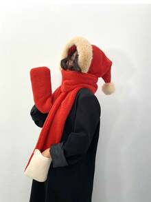 1 Pieza Gorro De Caperucita Roja, Bufanda Y Guantes Set Con Material Grueso Y Mullido Para El Invierno, Estilo Navideño - Multicolor - Ver 4