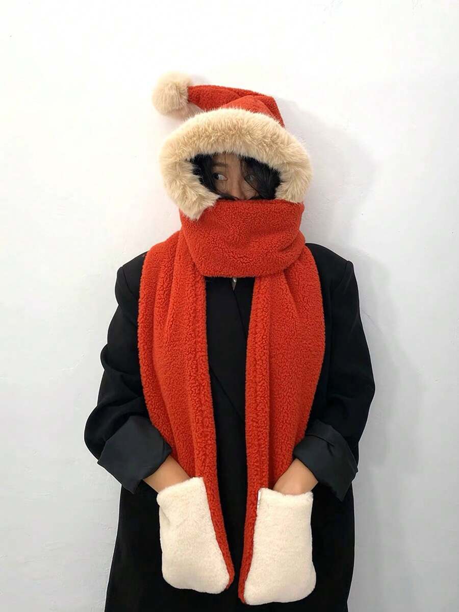 1 Pieza Gorro De Caperucita Roja, Bufanda Y Guantes Set Con Material Grueso Y Mullido Para El Invierno, Estilo Navideño - Multicolor - Ver 1