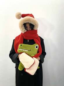 1 Pieza Gorro De Caperucita Roja, Bufanda Y Guantes Set Con Material Grueso Y Mullido Para El Invierno, Estilo Navideño - Multicolor - Ver 2