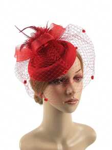 1頂女士迷人的帽子,配有髮夾,茶會帽,羽毛婚禮頭飾,1920年代頭飾,優雅網狀頭飾,誇張的雪紡假羽毛髮箍,新娘禮服,賽馬俱樂部頭飾,攝影照片珠寶復古花型 - 紅色 - 查看 9