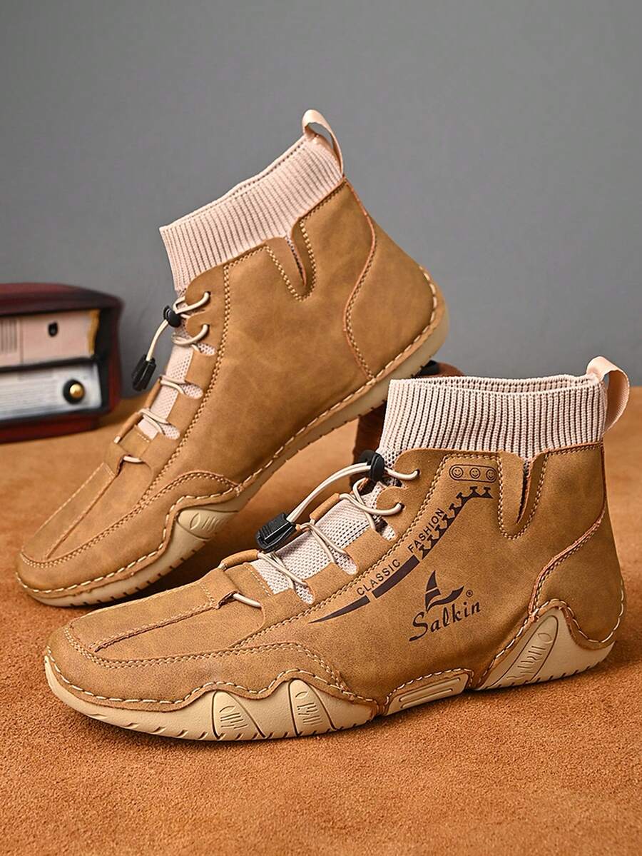 手工製作彈性帶斜紋靴,帶扣設計,設計師透氣男款pu皮鞋,適用於秋冬季節 - 棕色 - 查看 1