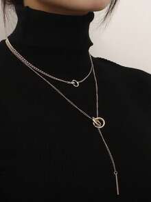 1入女士金色合金幾何雙圓鎖骨鏈長項鍊吊墜,街頭風格配飾 - 金色 - 查看 5