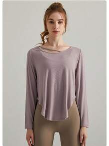 Của phụ nữ Mùa thu Yoga Tay áo dài Áo Áo khoác  Sấy khô nhanh Áo thun Với Sọc Chất vải , Duy nhất Đường viền cổ áo Lỏng lẻo phù hợp Yoga Áo sơ mi - Xám - Xem 1