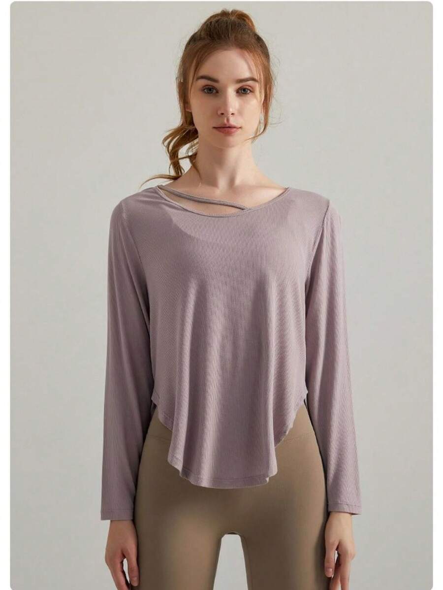 Của phụ nữ Mùa thu Yoga Tay áo dài Áo Áo khoác Sấy khô nhanh Áo thun Với Sọc Chất vải , Duy nhất Đường viền cổ áo Lỏng lẻo phù hợp Yoga Áo sơ mi - Xám - Xem 1