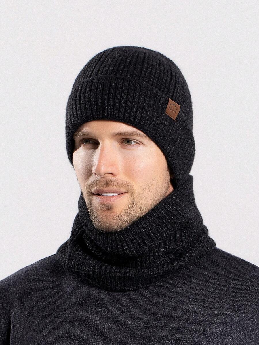 Bộ 1 mũ và khăn quàng mùa đông có lớp lót giữ nhiệt dày, mũ len ấm áp cho nam - màu đen - Xem 1