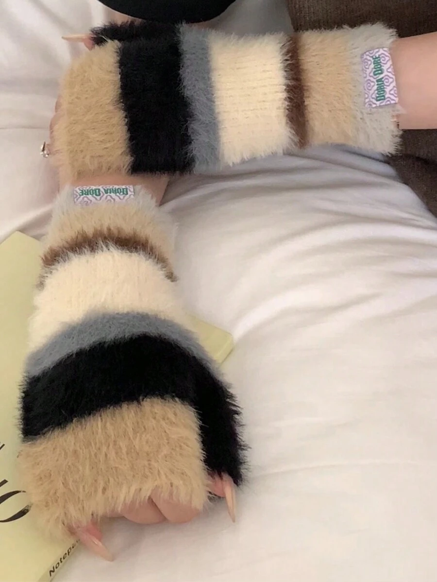 1 đôi Sọc Màu sắc Chặn Nửa Ngón tay Dệt kim Găng tay , Dễ thương Đạp xe Máy sưởi ấm tay Đối với Mùa Thu Và Mùa Đông - Màu Khaki - Xem 1