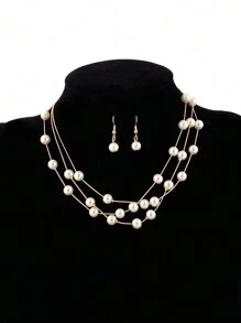 時尚、甜美、優雅的珍珠多層項鍊、耳環和手鐲一套，適合女士的婚禮穿著，共三件套 - 金色 - 查看 2