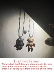 ATLVXJL 2pcs/Set Couple's Glow-In-The-Dark Teddy Bear Heart Shaped Stainless Steel Pendant Necklace, Valentine's Day Gift - Multicolor - View 9