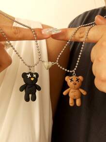 ATLVXJL 2pcs/Set Couple's Glow-In-The-Dark Teddy Bear Heart Shaped Stainless Steel Pendant Necklace, Valentine's Day Gift - Multicolor - View 2