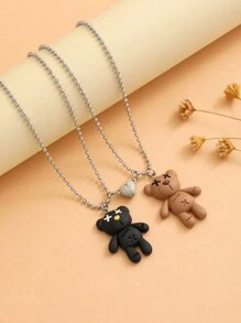 ATLVXJL 2pcs/Set Couple's Glow-In-The-Dark Teddy Bear Heart Shaped Stainless Steel Pendant Necklace, Valentine's Day Gift - Multicolor - View 4