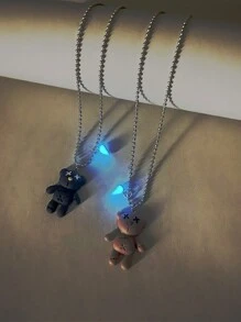 ATLVXJL 2pcs/Set Couple's Glow-In-The-Dark Teddy Bear Heart Shaped Stainless Steel Pendant Necklace, Valentine's Day Gift - Multicolor - View 7