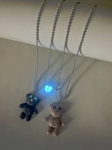 ATLVXJL 2pcs/Set Couple's Glow-In-The-Dark Teddy Bear Heart Shaped Stainless Steel Pendant Necklace, Valentine's Day Gift - Multicolor - View 5