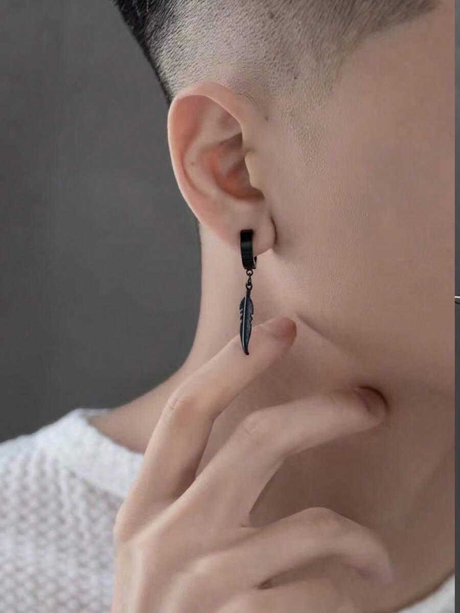 Black Single Feather Ear Cuff Clip-on (no Piercing Required) - Black - View 1