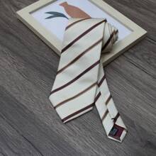 1pc Women's Beige And Coffee Striped Necktie With Patchwork Design, Suitable For Formal Occasions And Daily Use - Coffee Brown - View 3