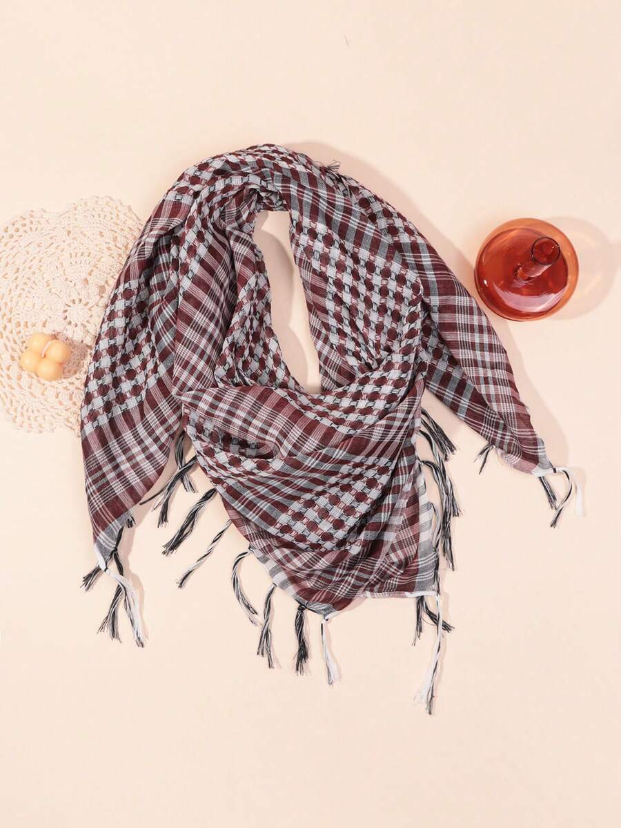 1條咖啡色格子紋設計、流蘇邊緣透氣防風男士圍巾,適合戶外活動和四季日常使用 - 咖啡棕 - 查看 1