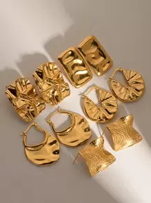 對時尚錘紋紋理幾何 18K 鍍金不銹鋼圈形耳環女式派對舞會佩戴粗耳環 - 金黃色 - 查看 2