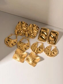 對時尚錘紋紋理幾何 18K 鍍金不銹鋼圈形耳環女式派對舞會佩戴粗耳環 - 金黃色 - 查看 3