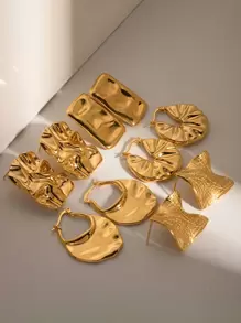 對時尚錘紋紋理幾何 18K 鍍金不銹鋼圈形耳環女式派對舞會佩戴粗耳環 - 金黃色 - 查看 4